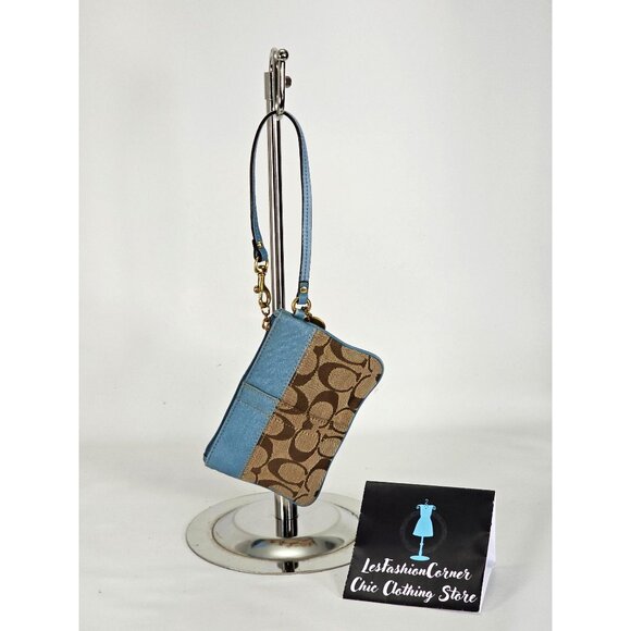 Coach Signature Wristlet Blue & Beige Leather Canvas Monogram Design 134B - Picture 6 of 14